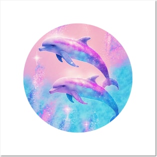 Pink and Blue Glitter Dolphins Posters and Art